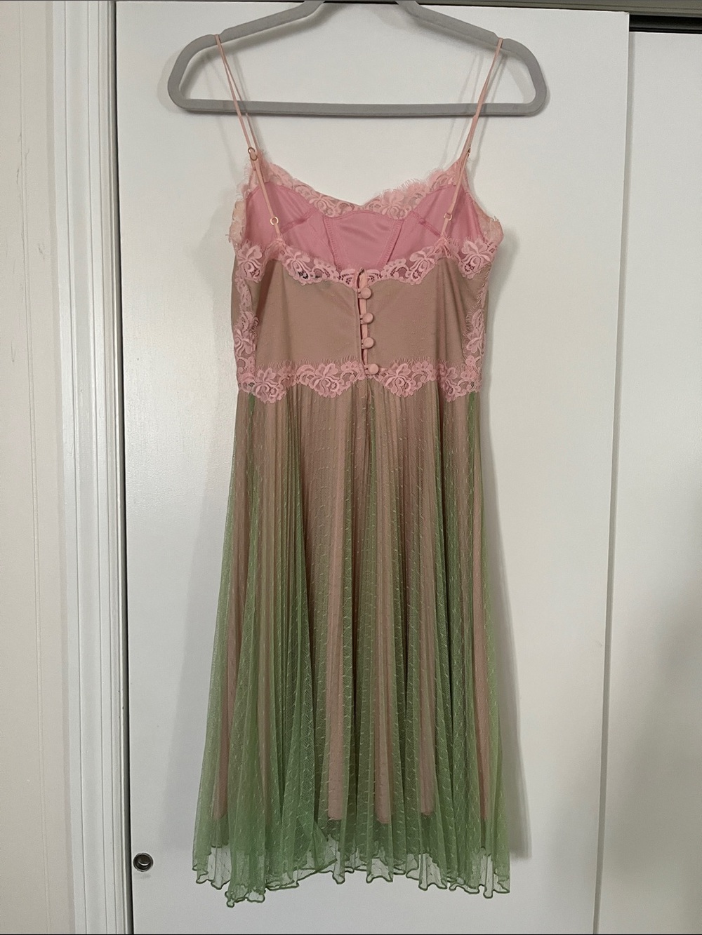 Betsey Johnson Pink and green Lace-Trim Pleated Midi Dress - Picture 2 of 7